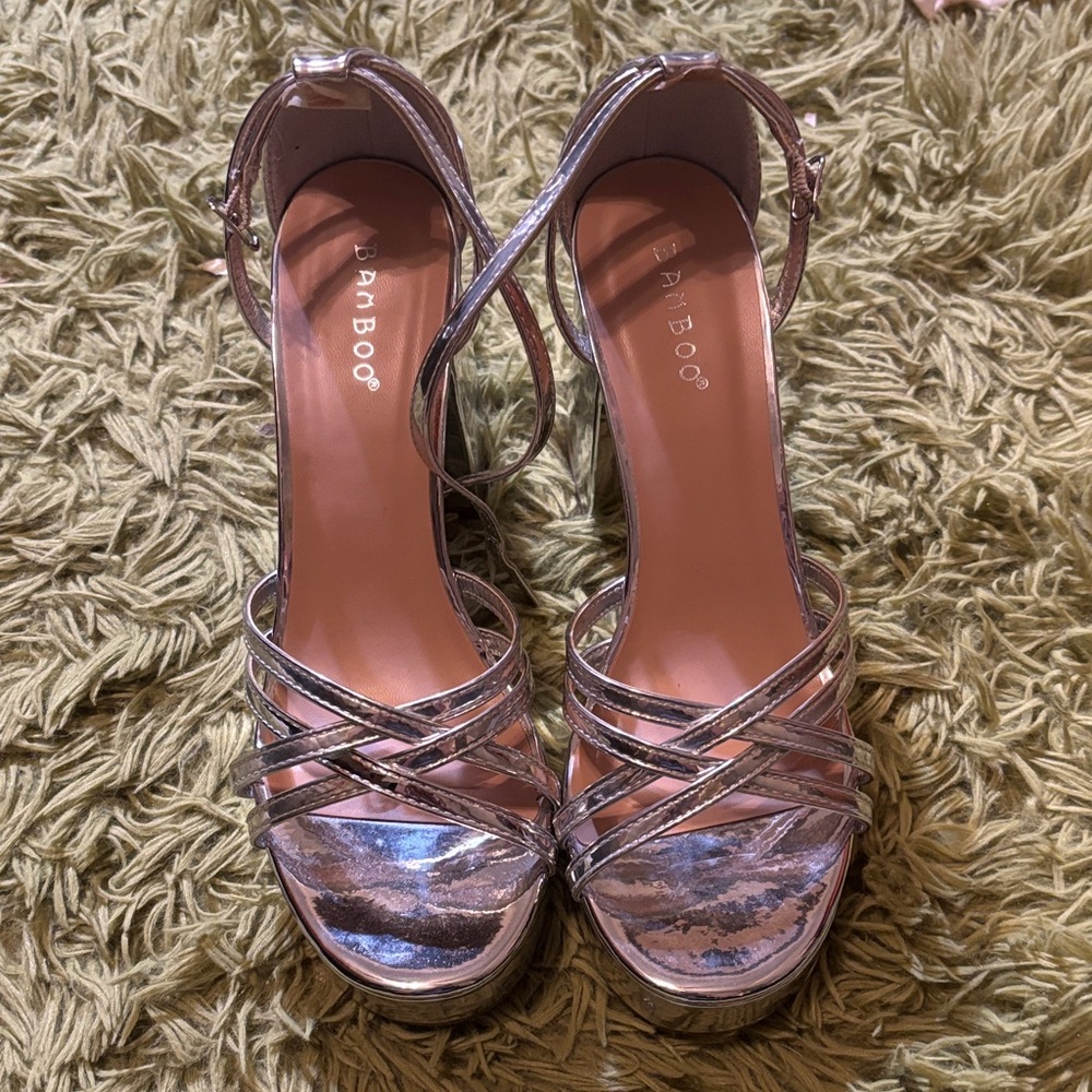 BAMBOO Metallic Silver Strappy Heels
